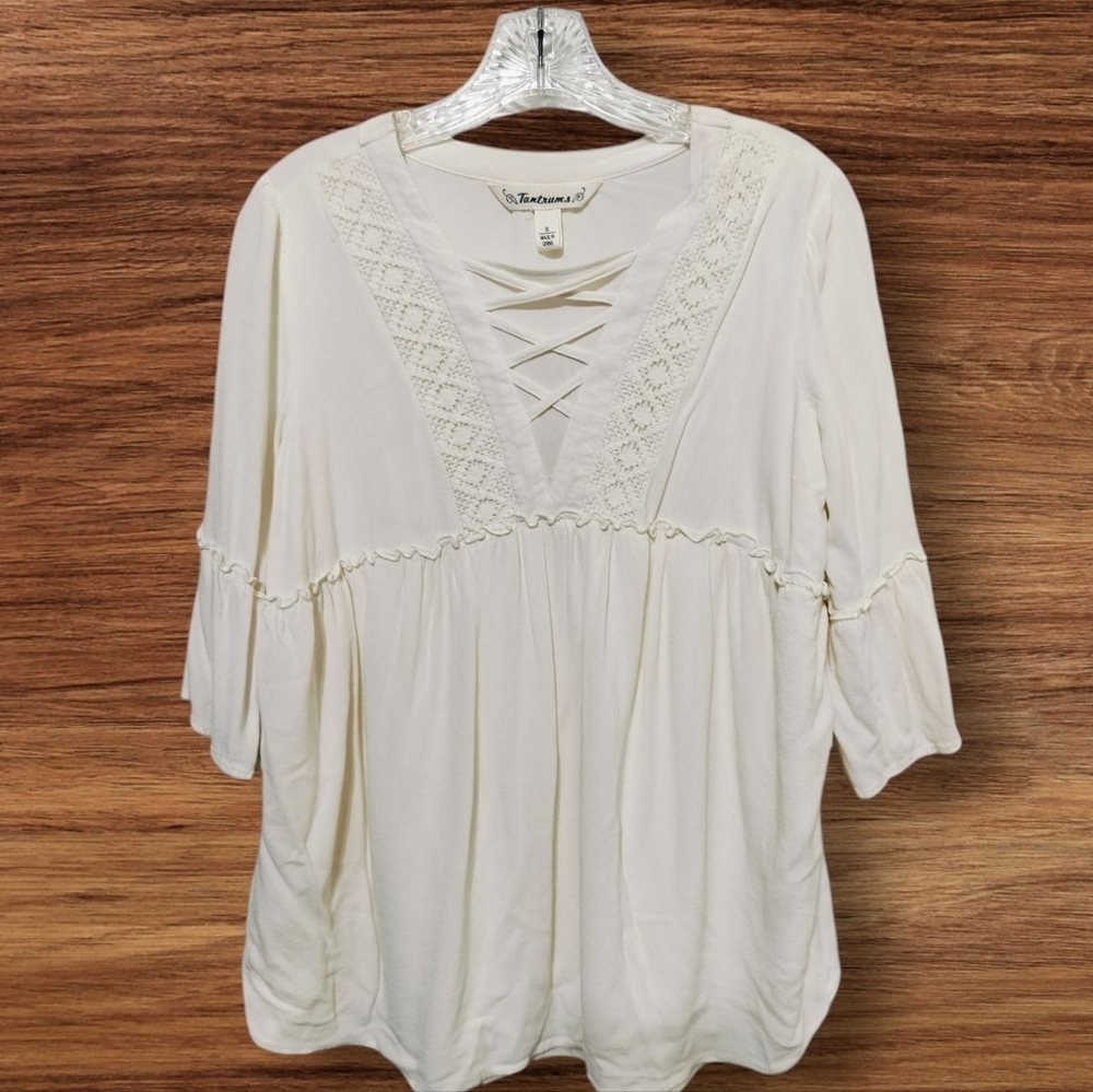 2915) Tantrums Ivory Crochet Crisscross 3/4 Bell Sleeve Rayon Top